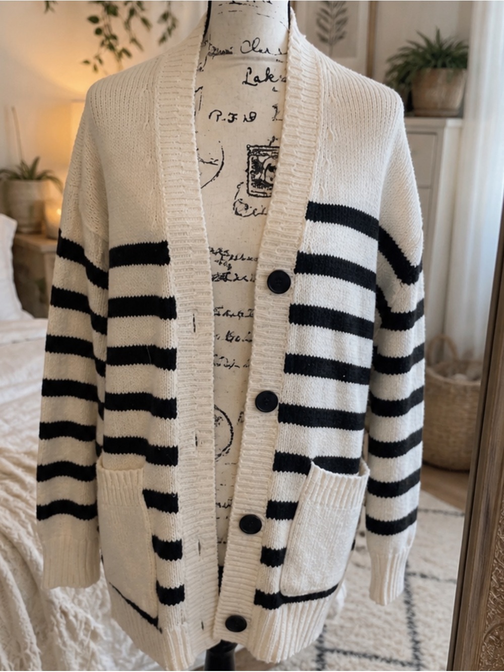 American Eagle Outfitters Cream and Black Striped Button Cardigan